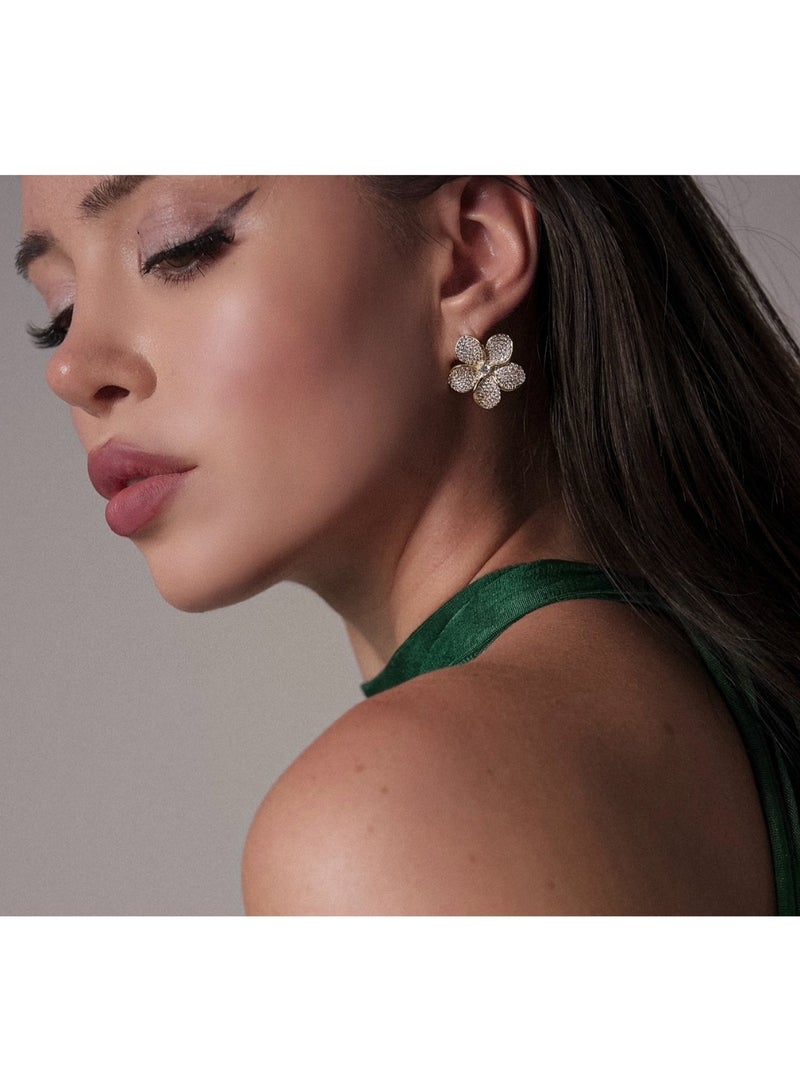 1une 14K Golden  Earrings ''Beauty'' Flower Stainless Steel, Zirconia Stones - Image 2